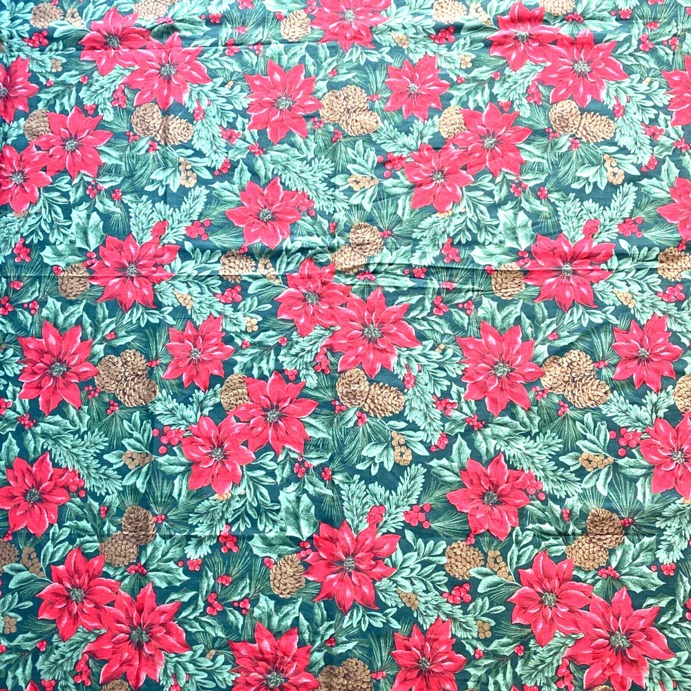 Vintage Christmas tablecloth red green brown poinsettias holly leaves pinecones